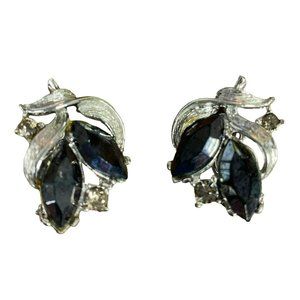Vintage Black Rhinestone and Silver tone Clip on Earrings MCM